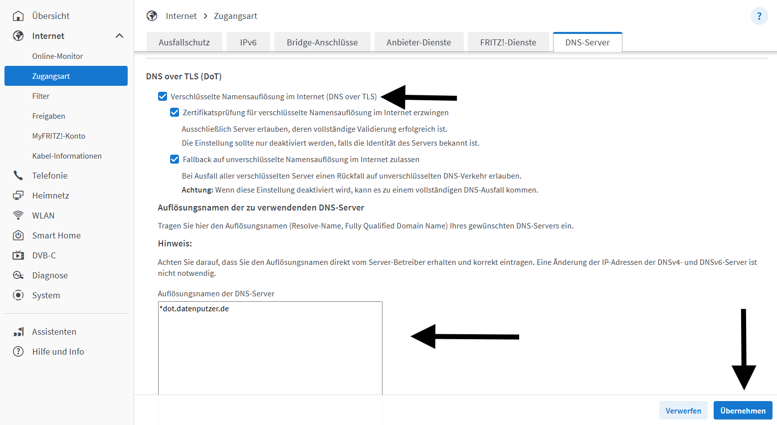 FRITZ!Box: Internet, Zugangsart, DNS-Server mit aktivierter verschlüsselter Namensauflösung (DNS over TLS) und dem Feld für den Auflösungsnamen