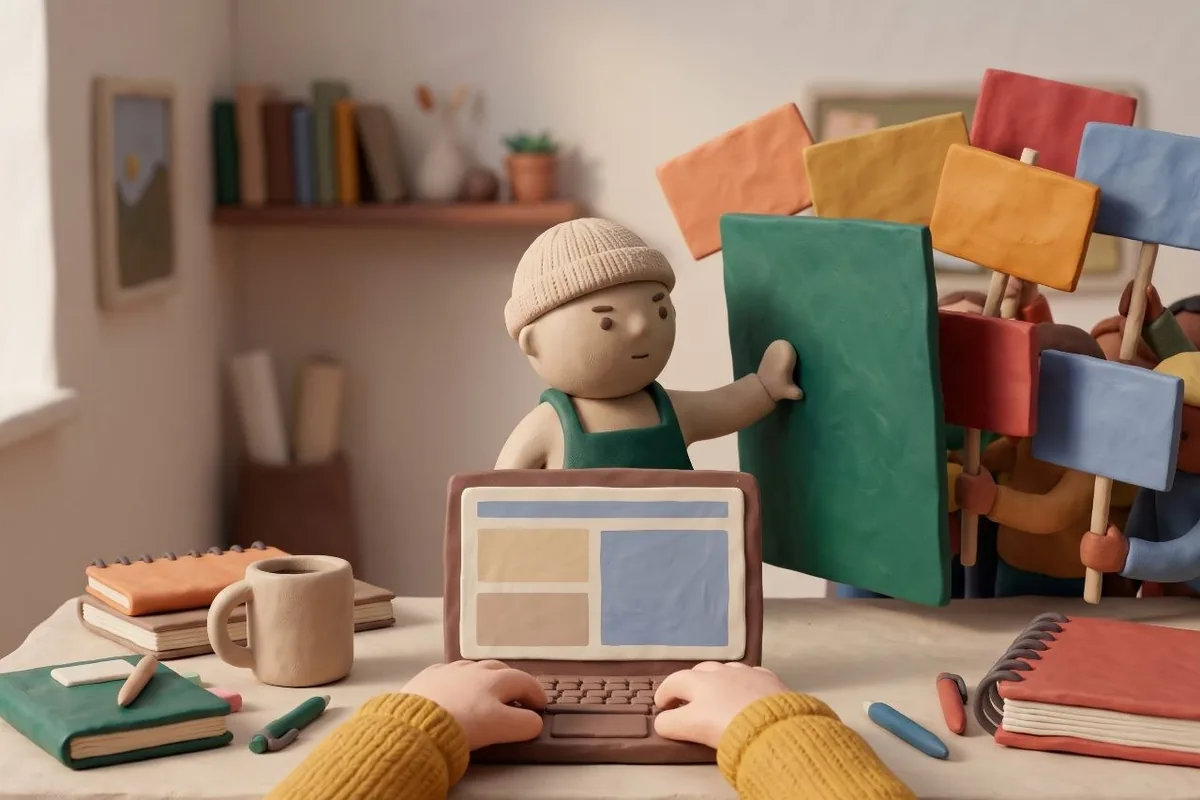 Der Helfer hält ein grünes Brett zwischen bunte Werbeplakate und Lenas Laptop
